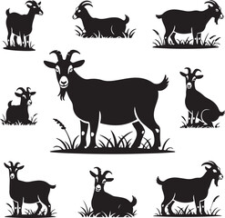  Playful silhouettes of goats in different poses, surrounded by grass, ideal for farm and animal-themed designs.