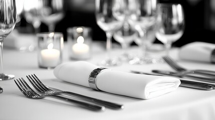 Elegant dining setup with silver cutlery, white napkin, and candles on a table in a restaurant