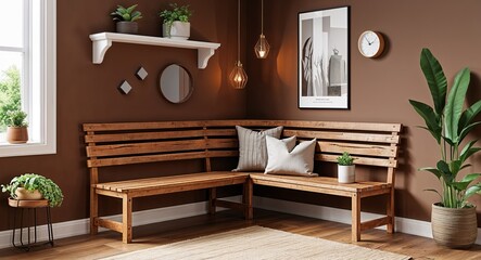 brown theme wooden bench corner nook 3d render concept background design