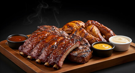 Delicious platter featuring grilled barbecue ribs and chicken with assorted dips