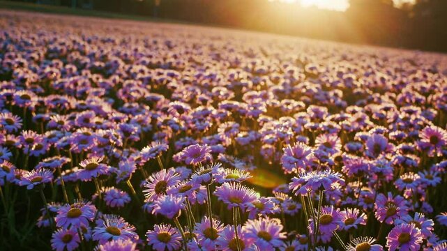 spring flowers with dewdrops in flower field, golden spring sunrise with sparkles