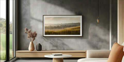 close front shot of a landscape picture in a modern frame on a modern wall