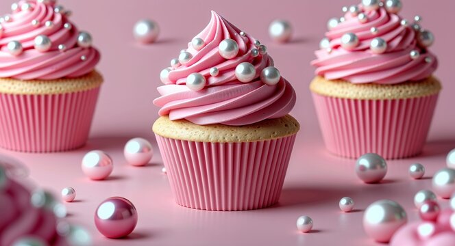 pink theme Cupcake with sugar pearls 3d render concept background design