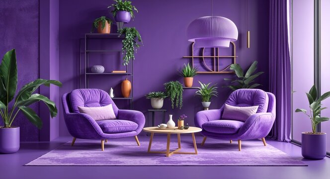 purple theme comfy lounge chair setup 3d render concept background design