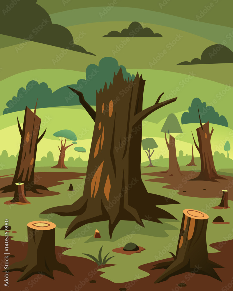 Poster the haunting sight of tree stumps tered across the land remnants of the forest that once stood.. vec
