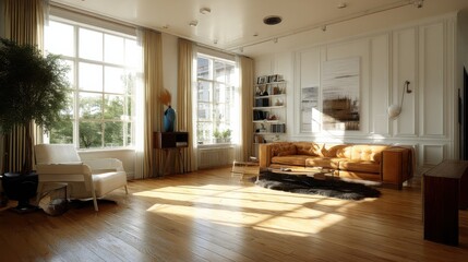 Sunlit living room with tan sofa