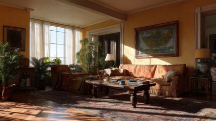 Sunlit living room with orange couch