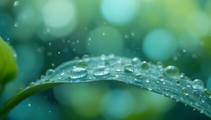 A serene leaf glistening with morning dew, reflecting the soft light of a tranquil dawn, showcasing nature's delicate beauty in cool teal tones.