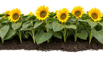 PNG of A vibrant row of sunflowers stands tall against a dark soil backdrop, showcasing their bright yellow petals and green leaves.