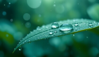 Dew-kissed leaf, a serene moment of nature's gentle rain, captured in soft teal tones and a blurred background.