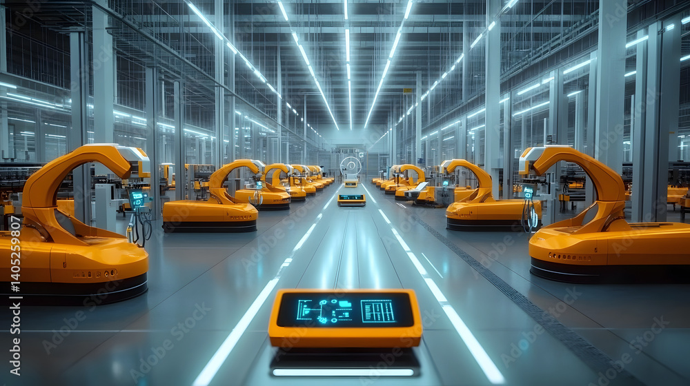 Poster futuristic industry 4 0 factory floor with robots and iot devices seamlessly integrating, optimizing