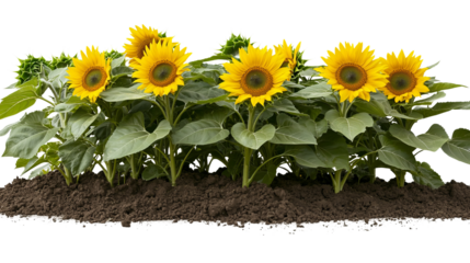 PNG of Vibrant sunflowers standing tall in rich soil, showcasing bright yellow petals under a clear sky.