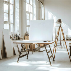 Blank drawing table in a clean and white big design studio