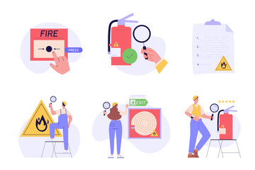 Fire safety control vector illustration set. Firefighter inspector checking firefighter equipment, fire extinguisher box, alarm system. Collection of fire inspection checklist, alarm system button