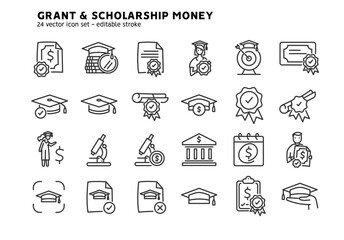 Taking grant or scholarship money icons set. Student pay education loan. Collection of grant certificate, university and college fee, study fund, scholarship money flat outline icons. Editable stroke