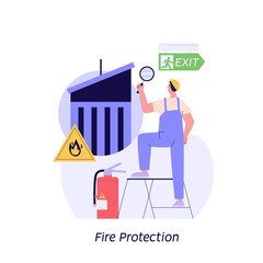 Person checking and improving house fire protection and safety. Safe home alarm system. Concept of fire insurance police, Real estate damage coverage, fire workplace inspection. Vector illustration