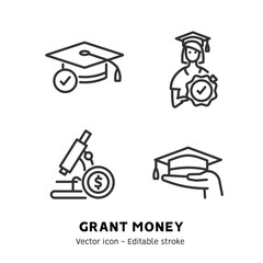 Taking grant or scholarship money icons set. Student pay education loan. Collection of grant certificate, university and college fee, study fund, scholarship money flat outline icons. Editable stroke