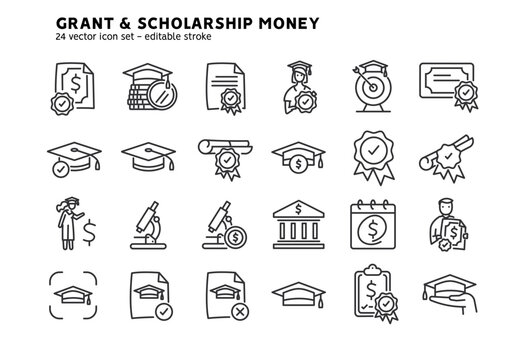 Taking grant or scholarship money icons set. Student pay education loan. Collection of grant certificate, university and college fee, study fund, scholarship money flat outline icons. Editable stroke