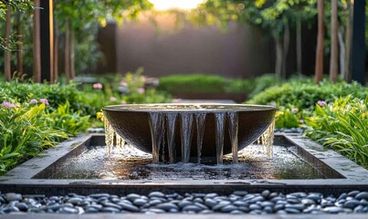 outdoor home modern water feature fountain waterfall as wide banner with copy space area for garden landscape design concepts mockup