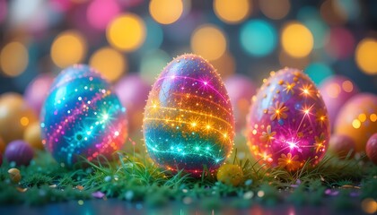 Magical Easter eggs glowing with vibrant colors and sparkling lights nestled in lush green grass against a dreamy bokeh background.