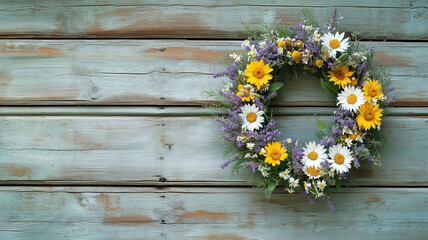Obraz premium Colorful floral wreath on rustic wooden background with daisies and wildflowers