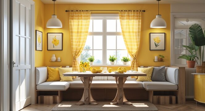 yellow theme breakfast nook window light 3d render concept background design