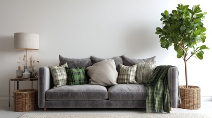 Cozy living room with gray sofa and green plaid throw.