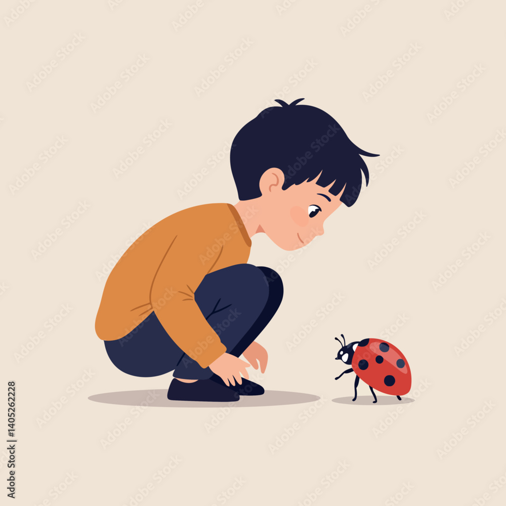 Poster a young boy observing a ladybug closely while crouching on a light background in a playful and curio