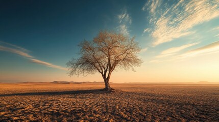 Solitary tree stands sentinel in a vast, arid landscape.
