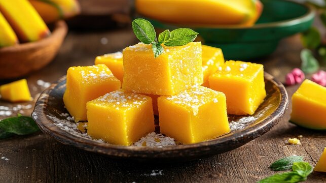 Close-up of traditional Indian mango burfi cubes plated on worn antique dish with festive accents
