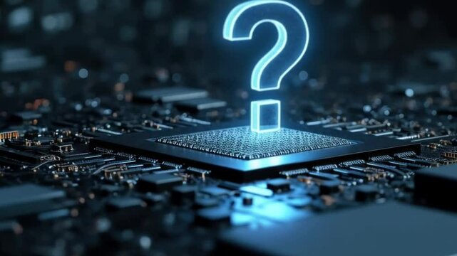 A glowing digital question mark hovers above a computer chip on a motherboard, symbolizing AI, computing uncertainty, or machine learning questions.


