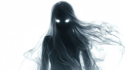 Ethereal woman with glowing eyes, dark hair blowing in wind.