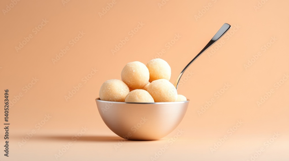 Poster delicious round laddus placed neatly in silverware bowl against minimal peach color backdrop