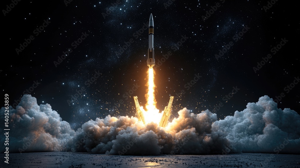 Aufkleber Digital rendering of rocket missile launch with fiery propulsion trail over black space backdrop