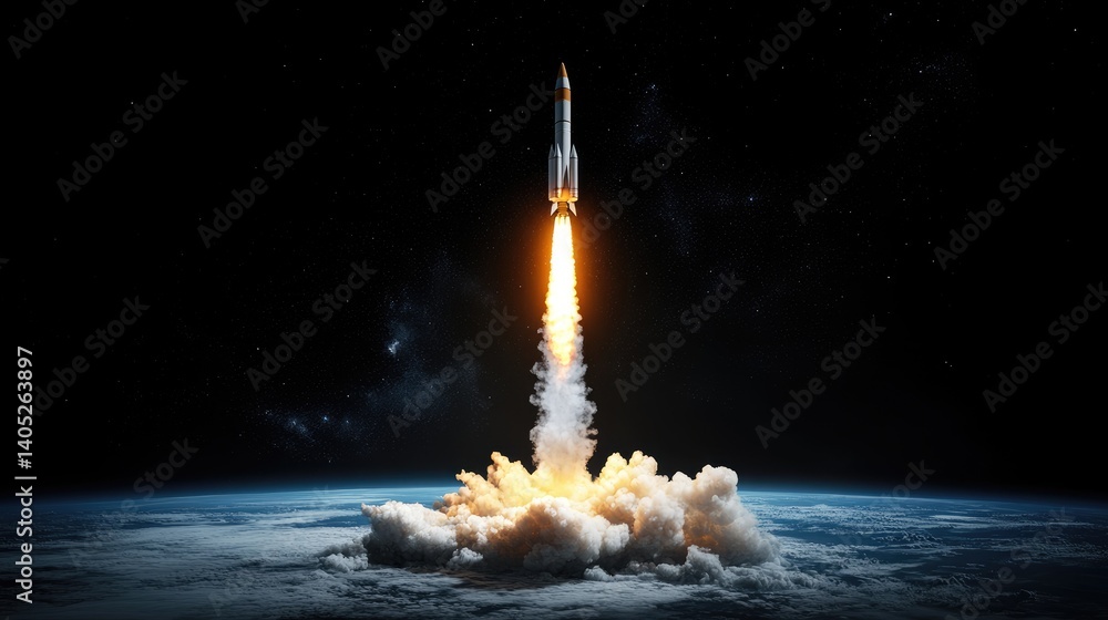 Poster Digital rendering of rocket missile launch with fiery propulsion trail over black space backdrop