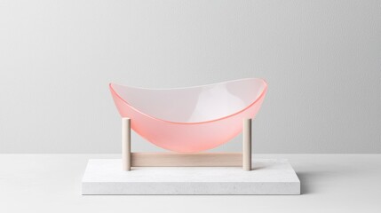 A pink, curved bowl on a wooden stand.