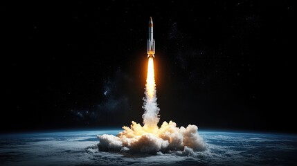 Digital rendering of rocket missile launch with fiery propulsion trail over black space backdrop