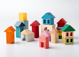 Colorful Wooden Blocks Arranged Into Miniature Houses on White Background