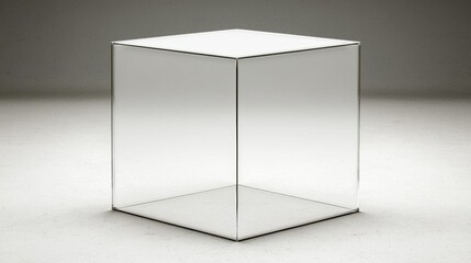 A cube-shaped glass sculpture with a white interior stands on a gray floor.