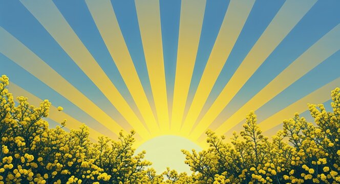yellow theme sun rays over bushes 3d render concept background design