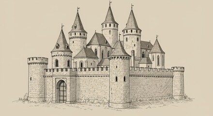 Obraz premium Medieval European Castle Line Art Drawing