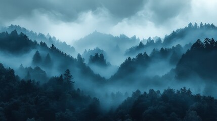 Misty mountain range shrouded in a dense fog