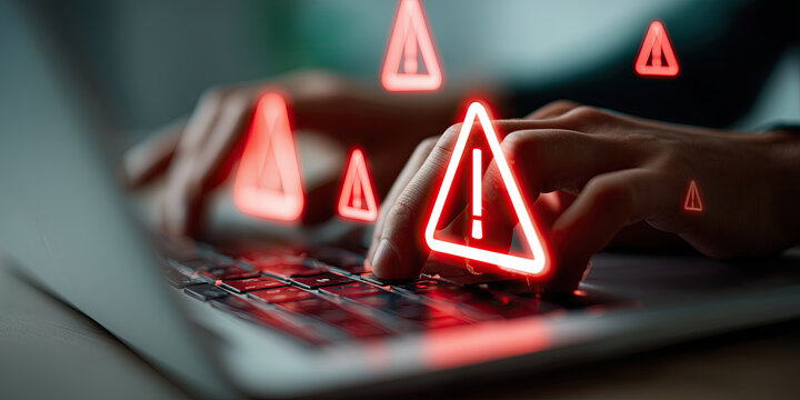 Hands typing on laptop keyboard with glowing red warning symbols, indicating cybersecurity risk