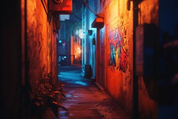 Urban alleyway bathed in vibrant neon hues.