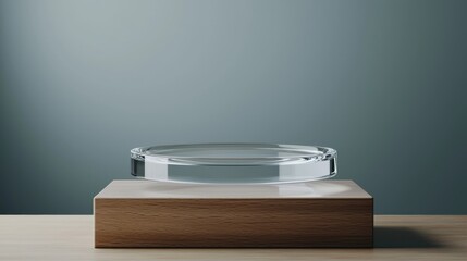 A clear glass bowl sits on a wooden base against a blue wall.