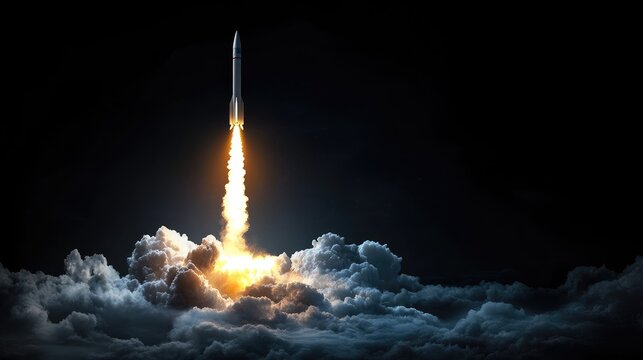 Illustration of missile rocket with glowing fire trail against deep black space background, concept of launch