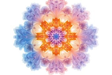 Stunning fractal art mandala vibrant orange purple blue hues swirling in intricate symmetrical design digital artwork