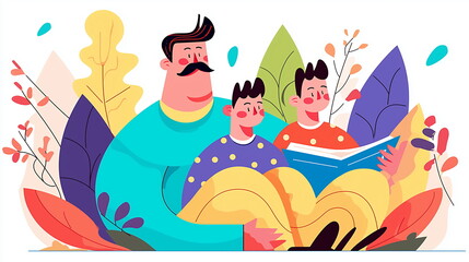 Father reading a story to his two sons, colorful background with leaves and flowers, simple design, white background, colorful illustration. Outdoor reading, time together.
