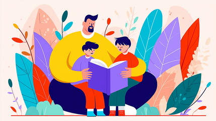 Flat illustration of a father reading to his children, surrounded by colorful leaves, creating an atmosphere for learning together. Outdoor reading. Horizontal banner for social media posts. 