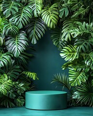 Lush green tropical backdrop with a display pedestal